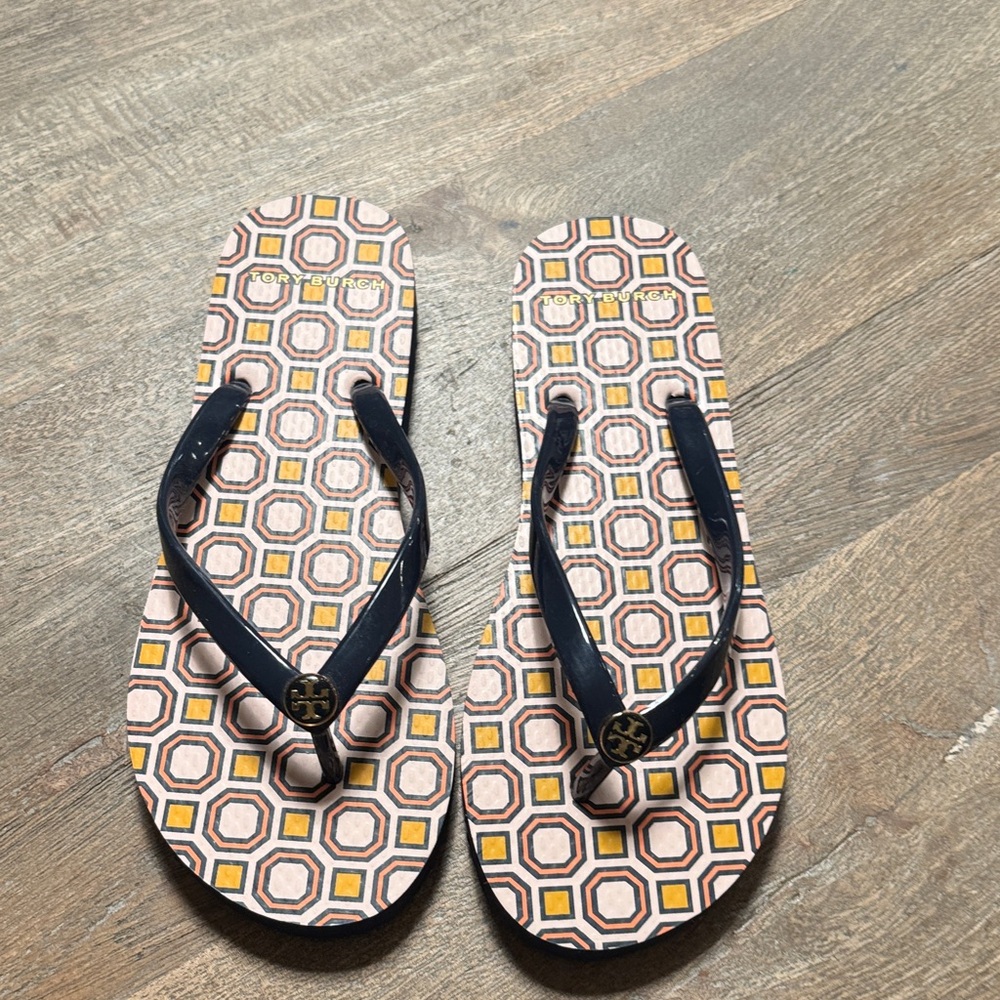 Tory Burch Navy and Pink an Yellow flip flops
